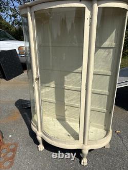 Vintage Antique China Cabinet Curved Beveled Glass Curio 4 Shelves Claw Feet