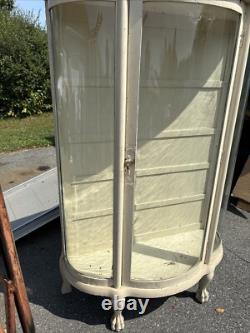 Vintage Antique China Cabinet Curved Beveled Glass Curio 4 Shelves Claw Feet