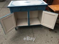 Vintage Antique Hoosier Retro Painted Blue Enamel Top 50s Kitchen Work Cabinet