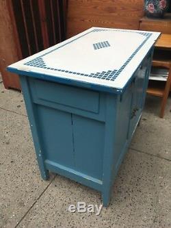 Vintage Antique Hoosier Retro Painted Blue Enamel Top 50s Kitchen Work Cabinet