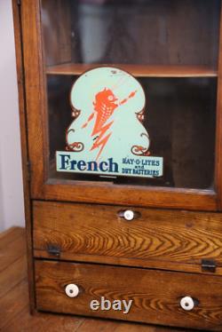 Vintage Antique Oak Display Case apothecary drawer Cabinet Batteries Flashlights