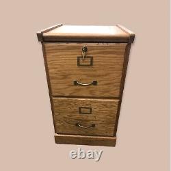 Vintage Antique Oak Wood Office Filing File Cabinet 2 Drawer Brass, Key Included
