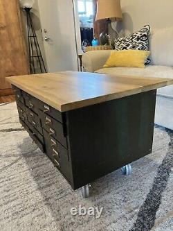 Vintage Antique Printers Type Drawer Metal Flat File Map Cabinet Coffee Table