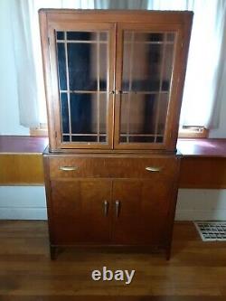Vintage Art Deco Mid Century Hutch Cabinet Cupboard With Glass Doors Storage