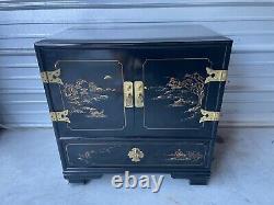 Vintage Asian Chinoiserie Black Lacquer Cabinet Nightstand with Four Drawers