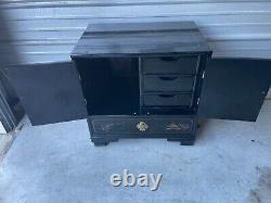 Vintage Asian Chinoiserie Black Lacquer Cabinet Nightstand with Four Drawers