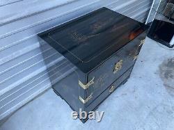 Vintage Asian Chinoiserie Black Lacquer Cabinet Nightstand with Four Drawers