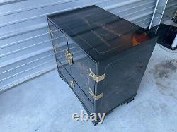 Vintage Asian Chinoiserie Black Lacquer Cabinet Nightstand with Four Drawers