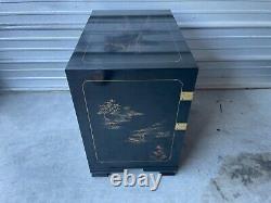 Vintage Asian Chinoiserie Black Lacquer Cabinet Nightstand with Four Drawers