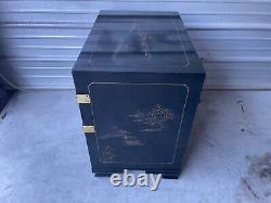 Vintage Asian Chinoiserie Black Lacquer Cabinet Nightstand with Four Drawers