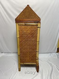 Vintage Bamboo & Wicker Cabinet Stand Deer Rattan Carved Wood 37.5H