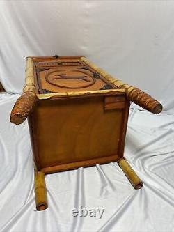 Vintage Bamboo & Wicker Cabinet Stand Deer Rattan Carved Wood 37.5H