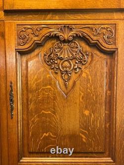 Vintage Belgian Oak Armoire or Dry Bar with Slide-In Doors and Carved Details