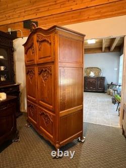 Vintage Belgian Oak Armoire or Dry Bar with Slide-In Doors and Carved Details