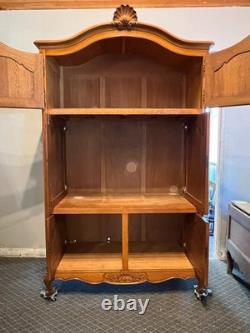 Vintage Belgian Oak Armoire or Dry Bar with Slide-In Doors and Carved Details