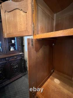 Vintage Belgian Oak Armoire or Dry Bar with Slide-In Doors and Carved Details
