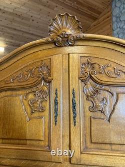 Vintage Belgian Oak Armoire or Dry Bar with Slide-In Doors and Carved Details