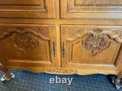 Vintage Belgian Oak Armoire or Dry Bar with Slide-In Doors and Carved Details