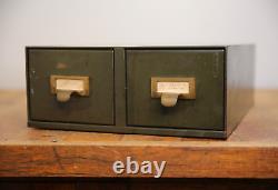 Vintage Card Catalog Metal file drawer cabinet industrial brass pull index green