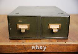 Vintage Card Catalog Metal file drawer cabinet industrial brass pull index green