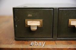 Vintage Card Catalog Metal file drawer cabinet industrial brass pull index green