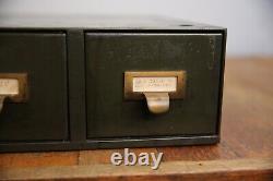 Vintage Card Catalog Metal file drawer cabinet industrial brass pull index green