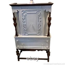 Vintage China Cabinet Painted Gray w Natural Dark Wood Carvings Interior Storage