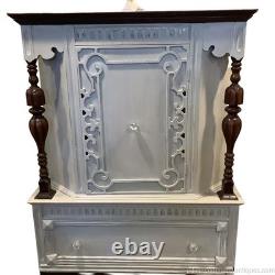 Vintage China Cabinet Painted Gray w Natural Dark Wood Carvings Interior Storage
