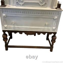 Vintage China Cabinet Painted Gray w Natural Dark Wood Carvings Interior Storage