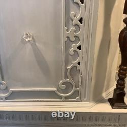 Vintage China Cabinet Painted Gray w Natural Dark Wood Carvings Interior Storage