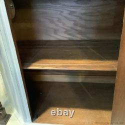 Vintage China Cabinet Painted Gray w Natural Dark Wood Carvings Interior Storage
