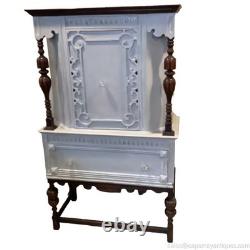 Vintage China Cabinet Painted Gray w Natural Dark Wood Carvings Interior Storage