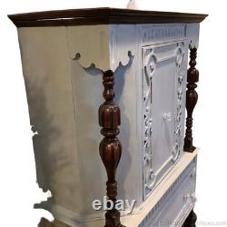 Vintage China Cabinet Painted Gray w Natural Dark Wood Carvings Interior Storage