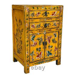 Vintage Chinese Yellow Lacquered Elmwood Butterfly Motif Coffer Cabinet