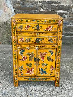 Vintage Chinese Yellow Lacquered Elmwood Butterfly Motif Coffer Cabinet