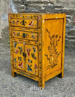 Vintage Chinese Yellow Lacquered Elmwood Butterfly Motif Coffer Cabinet