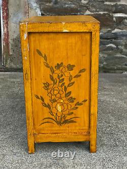 Vintage Chinese Yellow Lacquered Elmwood Butterfly Motif Coffer Cabinet