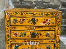 Vintage Chinese Yellow Lacquered Elmwood Butterfly Motif Coffer Cabinet