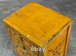 Vintage Chinese Yellow Lacquered Elmwood Butterfly Motif Coffer Cabinet