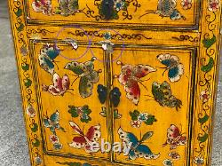 Vintage Chinese Yellow Lacquered Elmwood Butterfly Motif Coffer Cabinet