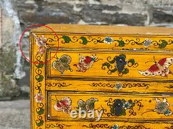 Vintage Chinese Yellow Lacquered Elmwood Butterfly Motif Coffer Cabinet