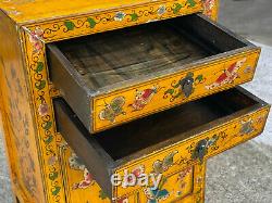 Vintage Chinese Yellow Lacquered Elmwood Butterfly Motif Coffer Cabinet