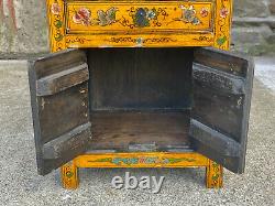 Vintage Chinese Yellow Lacquered Elmwood Butterfly Motif Coffer Cabinet