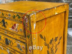 Vintage Chinese Yellow Lacquered Elmwood Butterfly Motif Coffer Cabinet