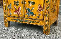 Vintage Chinese Yellow Lacquered Elmwood Butterfly Motif Coffer Cabinet