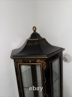 Vintage Chinoiserie Black Lacquered Hexagon Pagoda Curio Cabinet. Made In Italy