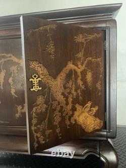 Vintage Chinoiserie Dark Wood Cabinet With Decorative Inlay
