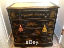 Vintage Chinoiserie Decorated Black Lacquer Serpentine Chest Tooled Leather Top