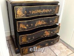 Vintage Chinoiserie Decorated Black Lacquer Serpentine Chest Tooled Leather Top