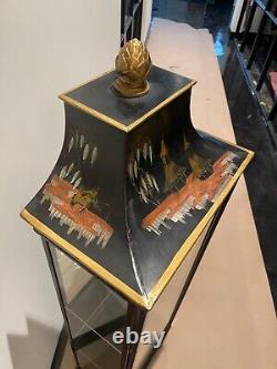 Vintage Chinoiserie Mirrored Pagoda Cabinet with Hand-painted Scene. Curio Cabinet